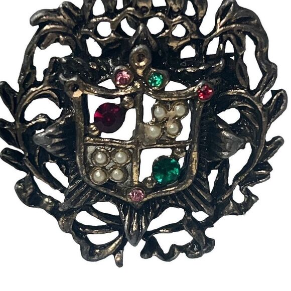 Antique Edwardian Coat of Arms Shield Crest Pink Garnet Emerald Pearls Brooch - Picture 6 of 12